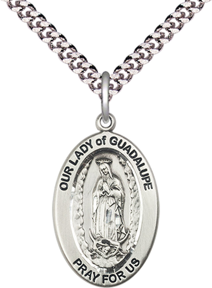 Sterling Silver Our Lady of Guadalupe Pendant on a 24 inch Light Rhodium Heavy Curb chain