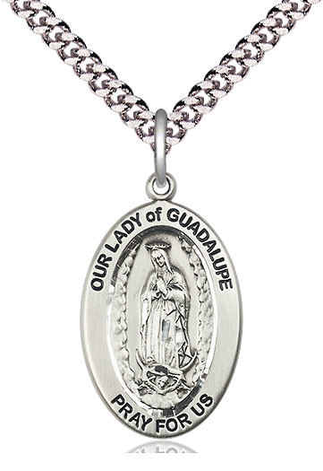 Sterling Silver Our Lady of Guadalupe Pendant on a 24 inch Light Rhodium Heavy Curb chain