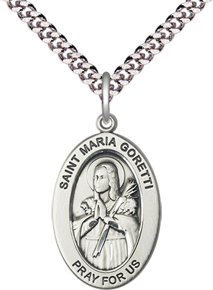 Sterling Silver Saint Maria Goretti Pendant on a 24 inch Light Rhodium Heavy Curb chain