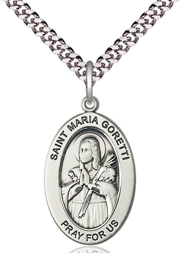 Sterling Silver Saint Maria Goretti Pendant on a 24 inch Light Rhodium Heavy Curb chain