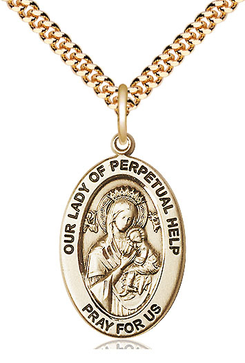 14kt Gold Filled Our Lady of Perpetual Help Pendant on a 24 inch Gold Plate Heavy Curb chain