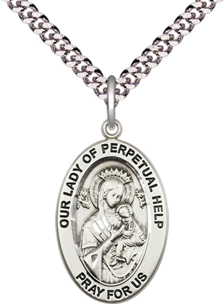 Sterling Silver Our Lady of Perpetual Help Pendant on a 24 inch Light Rhodium Heavy Curb chain