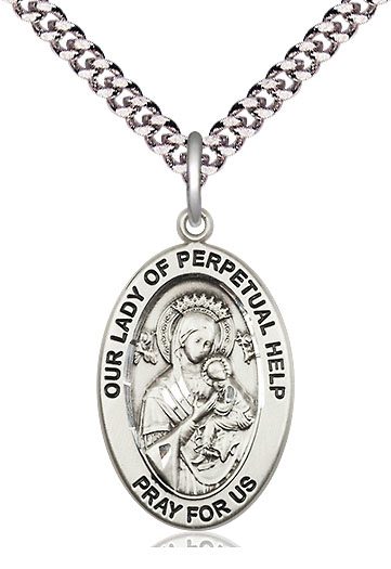 Sterling Silver Our Lady of Perpetual Help Pendant on a 24 inch Light Rhodium Heavy Curb chain