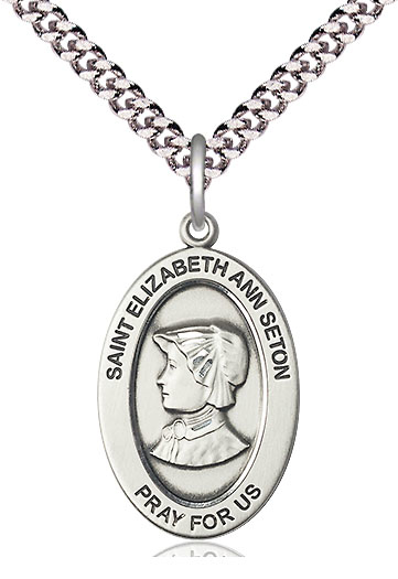 Sterling Silver Saint Elizabeth Ann Seton Pendant on a 24 inch Light Rhodium Heavy Curb chain