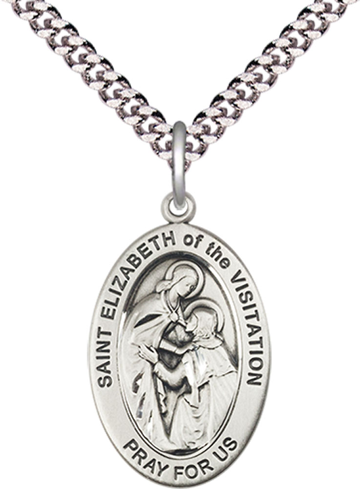 Sterling Silver Saint Elizabeth of the Visitation Pendant on a 24 inch Light Rhodium Heavy Curb chain