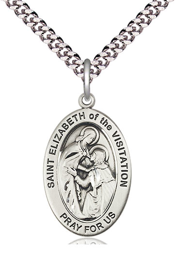 Sterling Silver Saint Elizabeth of the Visitation Pendant on a 24 inch Light Rhodium Heavy Curb chain