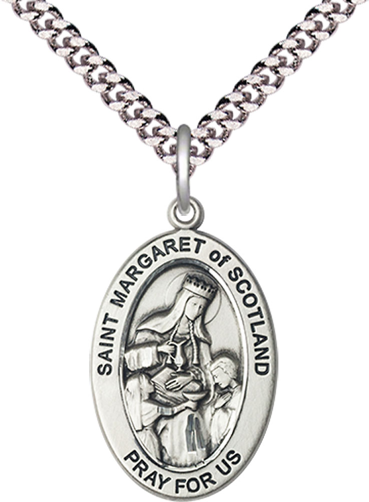 Sterling Silver Saint Margaret of Scotland Pendant on a 24 inch Light Rhodium Heavy Curb chain
