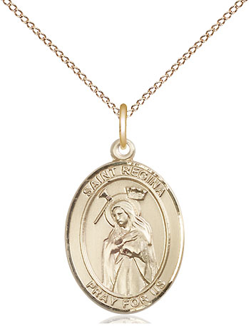 14kt Gold Filled Saint Regina Pendant on a 18 inch Gold Filled Light Curb chain