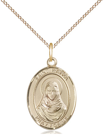 14kt Gold Filled Saint Rafka Pendant on a 18 inch Gold Filled Light Curb chain