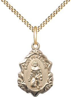 14kt Gold Filled Saint Peregrine Pendant on a 18 inch Gold Filled Light Curb chain