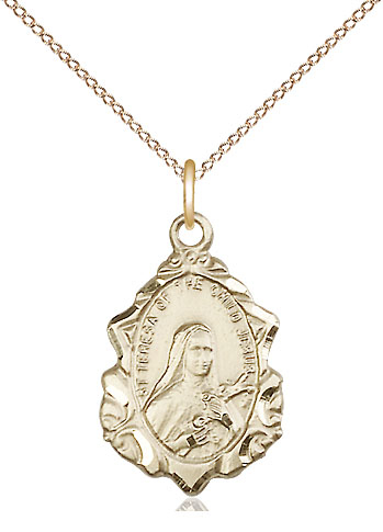 14kt Gold Filled Saint Theresa Pendant on a 18 inch Gold Filled Light Curb chain