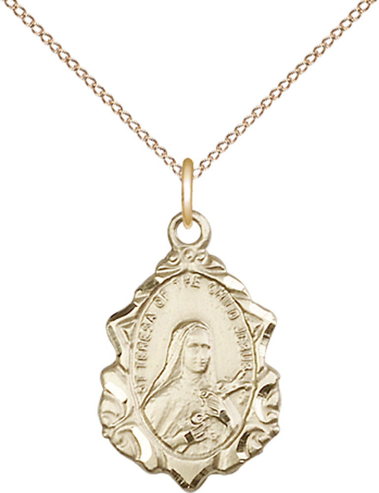 14kt Gold Filled Saint Theresa Pendant on a 18 inch Gold Filled Light Curb chain