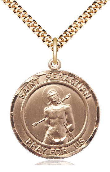 14kt Gold Filled Saint Sebastian Pendant on a 24 inch Gold Plate Heavy Curb chain