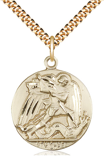 14kt Gold Filled Saint Michael the Archangel Pendant on a 24 inch Gold Plate Heavy Curb chain