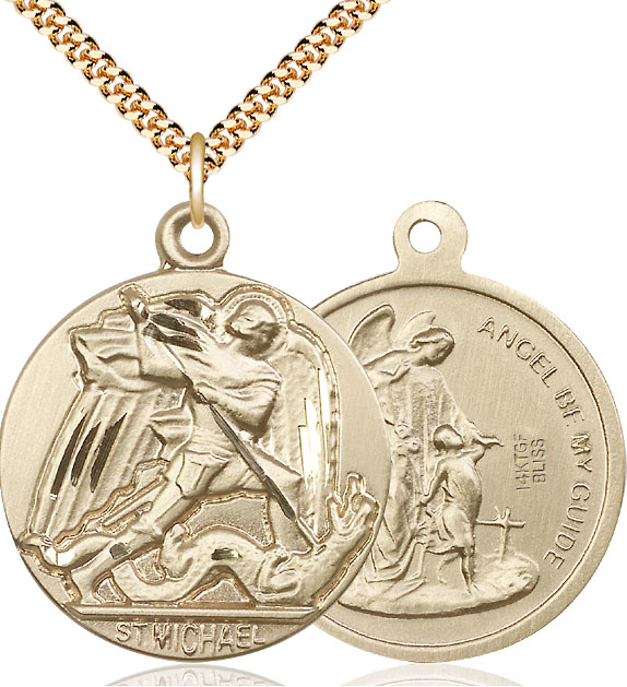 14kt Gold Filled Saint Michael the Archangel Pendant on a 24 inch Gold Plate Heavy Curb chain