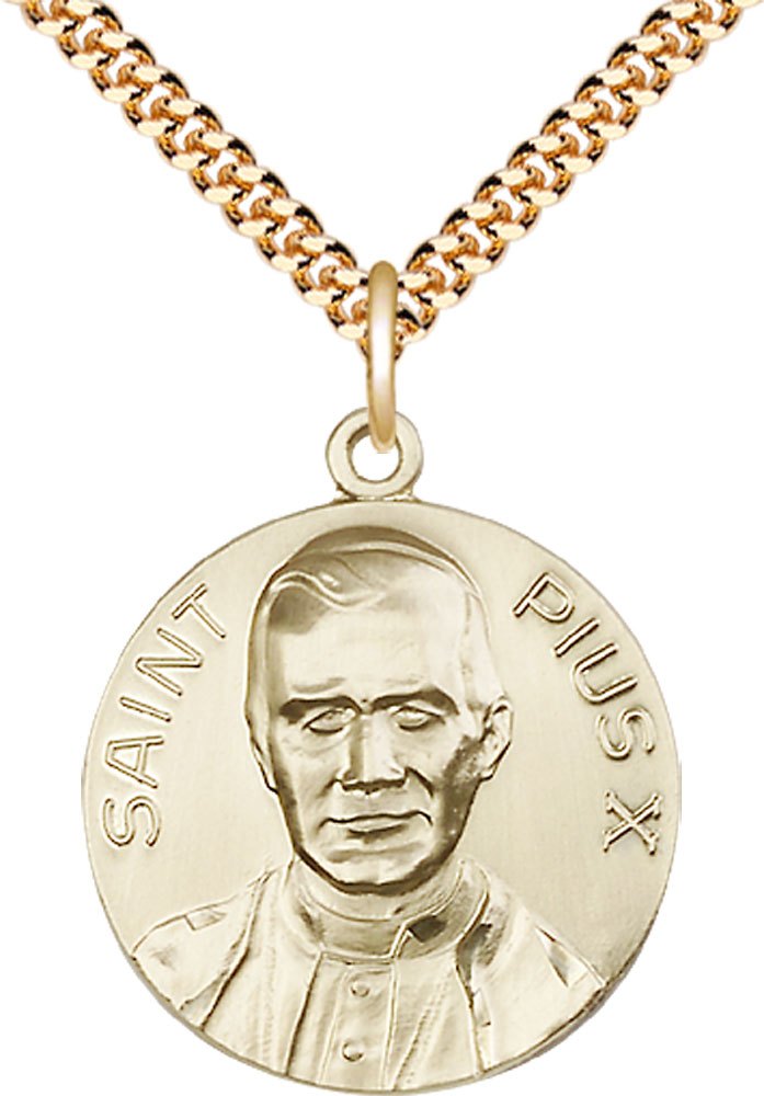 14kt Gold Filled Pope Pius X Pendant on a 24 inch Gold Plate Heavy Curb chain