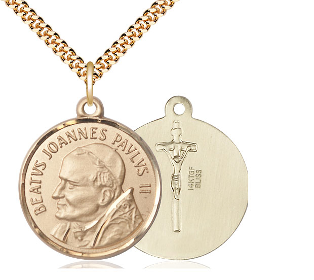 14kt Gold Filled Saint John Paul II Pendant on a 24 inch Gold Plate Heavy Curb chain