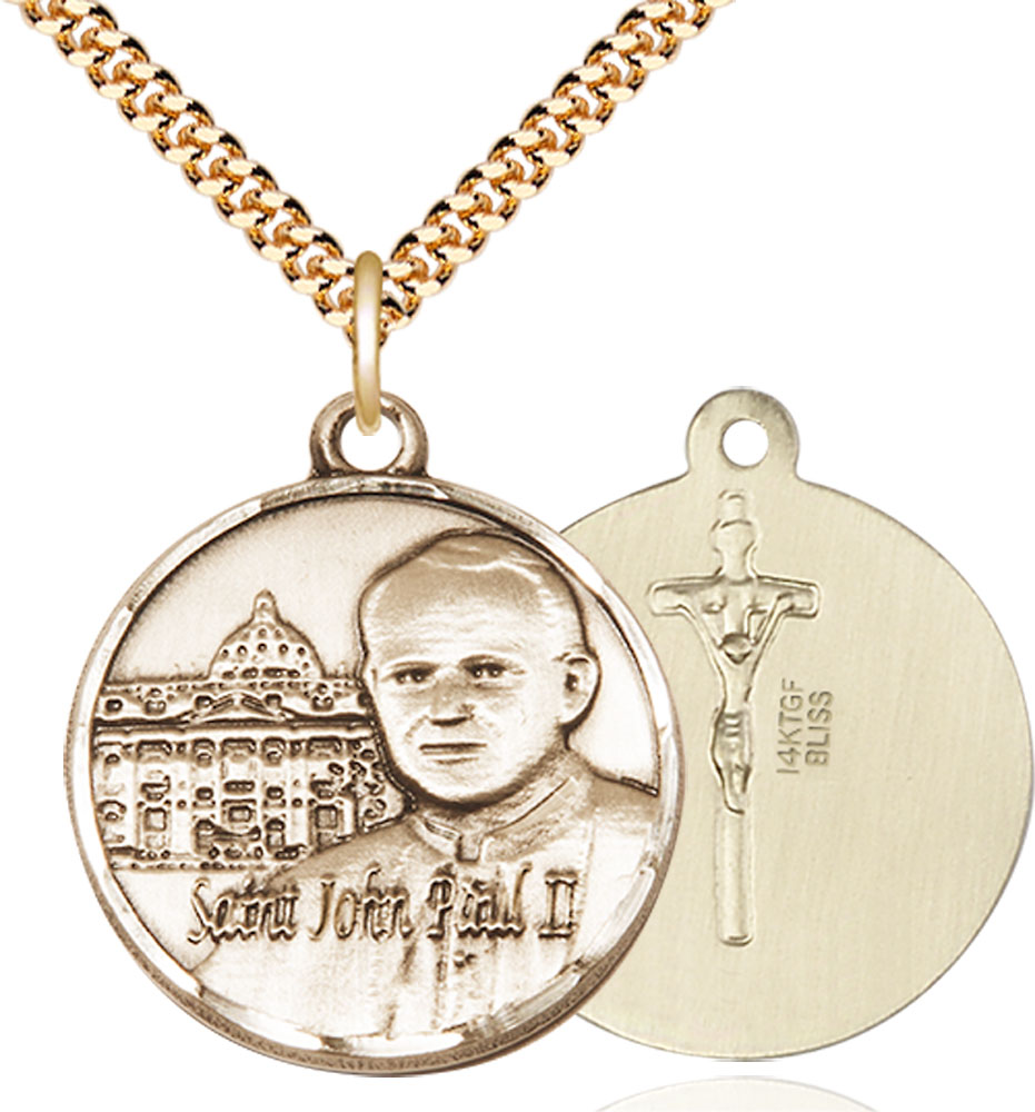 14kt Gold Filled Saint John Paul II Vatican Pendant on a 24 inch Gold Plate Heavy Curb chain