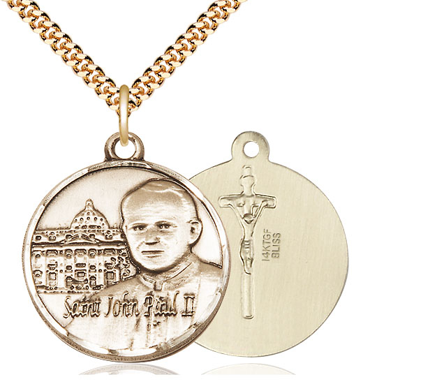 14kt Gold Filled Saint John Paul II Vatican Pendant on a 24 inch Gold Plate Heavy Curb chain