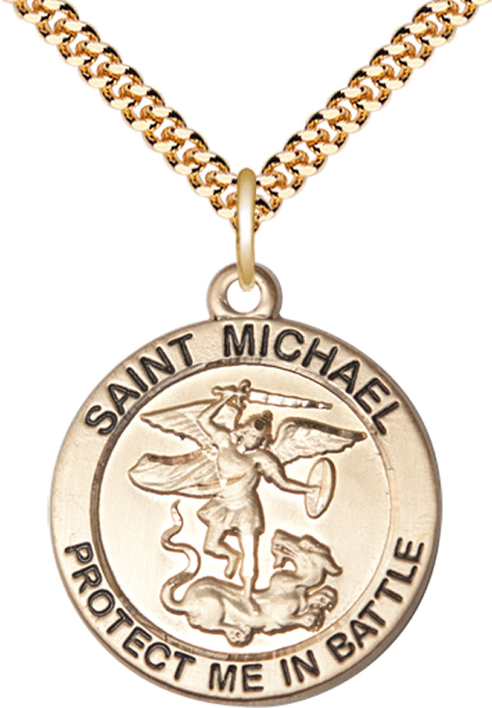 14kt Gold Filled Saint Michael Guardian Angel Pendant on a 24 inch Gold Plate Heavy Curb chain