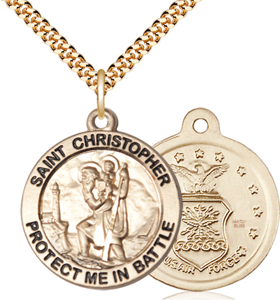 14kt Gold Filled Saint Christopher Air Force Pendant on a 24 inch Gold Plate Heavy Curb chain