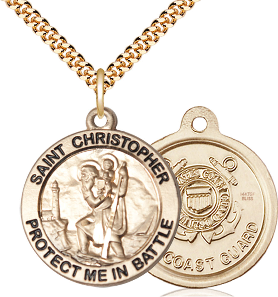14kt Gold Filled Saint Christopher Coast Guard Pendant on a 24 inch Gold Plate Heavy Curb chain