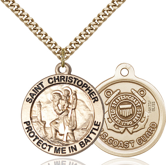 14kt Gold Filled Saint Christopher Coast Guard Pendant on a 24 inch Gold Plate Heavy Curb chain