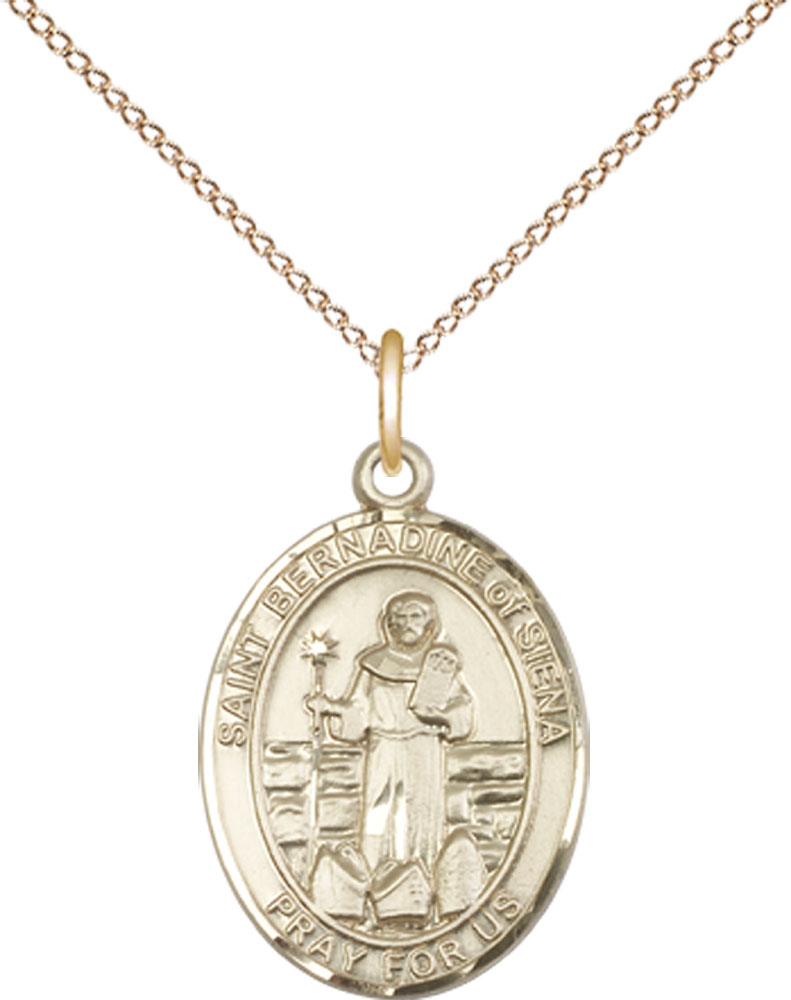 14kt Gold Filled Saint Bernadine of Sienna Pendant on a 18 inch Gold Filled Light Curb chain