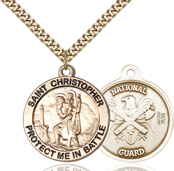 14kt Gold Filled Saint Christopher National Guard Pendant on a 24 inch Gold Plate Heavy Curb chain