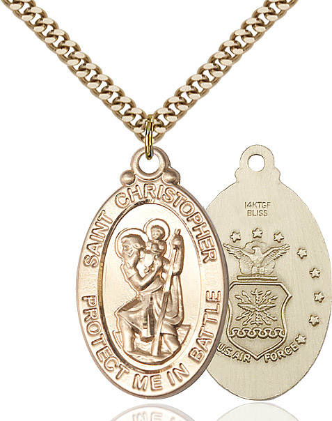 14kt Gold Filled Saint Christopher Air Force Pendant on a 24 inch Gold Plate Heavy Curb chain