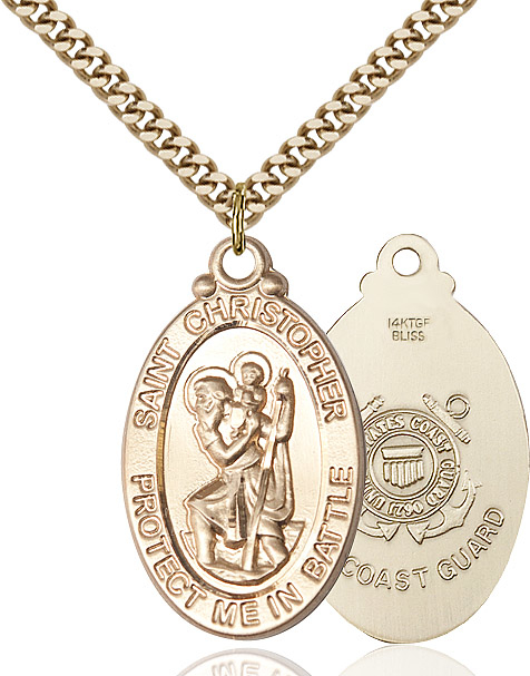 14kt Gold Filled Saint Christopher Coast Guard Pendant on a 24 inch Gold Plate Heavy Curb chain