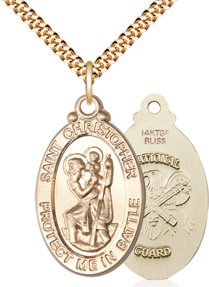 14kt Gold Filled Saint Christopher National Guard Pendant on a 24 inch Gold Plate Heavy Curb chain