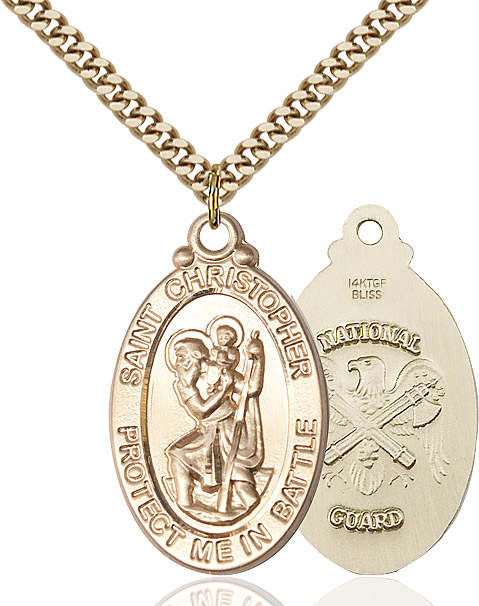 14kt Gold Filled Saint Christopher National Guard Pendant on a 24 inch Gold Plate Heavy Curb chain