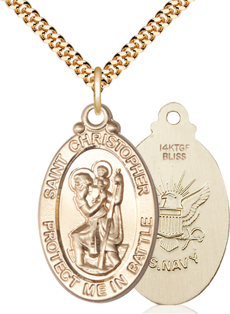 14kt Gold Filled Saint Christopher Navy Pendant on a 24 inch Gold Plate Heavy Curb chain