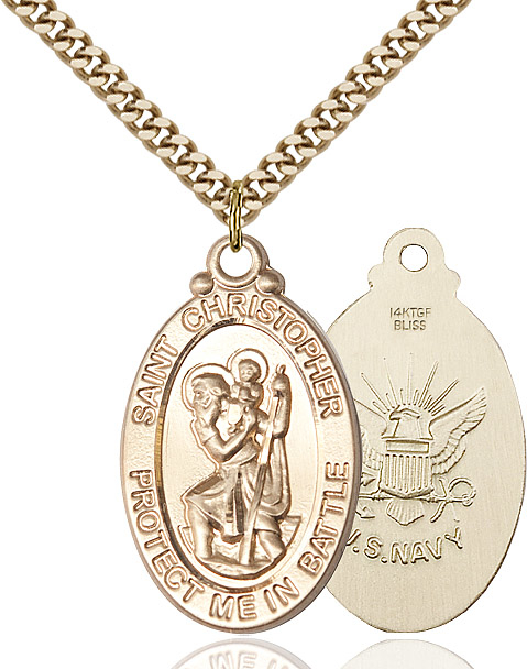 14kt Gold Filled Saint Christopher Navy Pendant on a 24 inch Gold Plate Heavy Curb chain