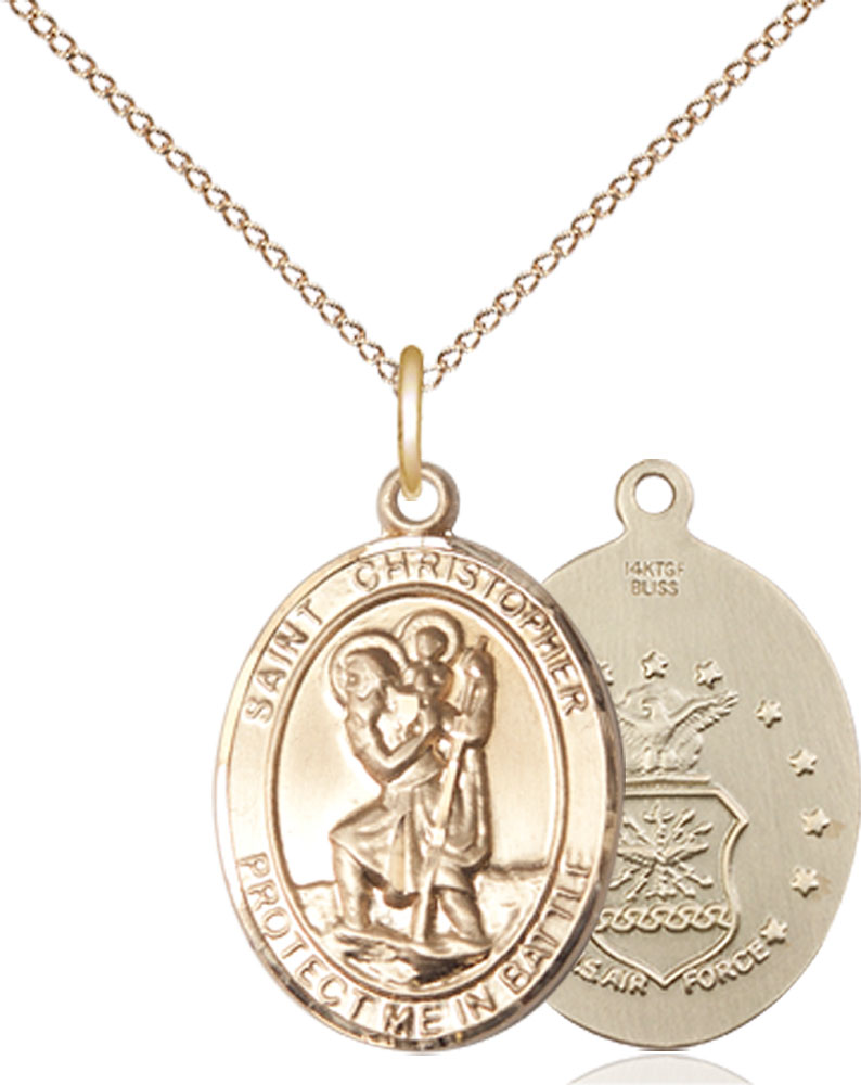14kt Gold Filled Saint Christopher Air Force Pendant on a 18 inch Gold Filled Light Curb chain