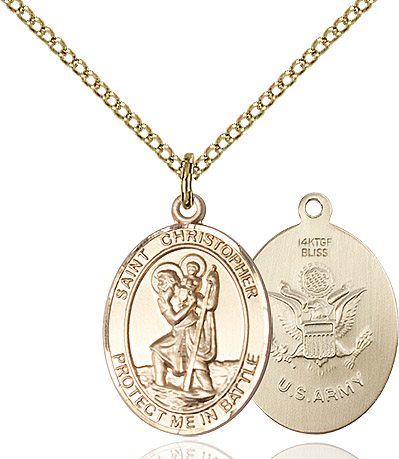 14kt Gold Filled Saint Christopher Army Pendant on a 18 inch Gold Filled Light Curb chain