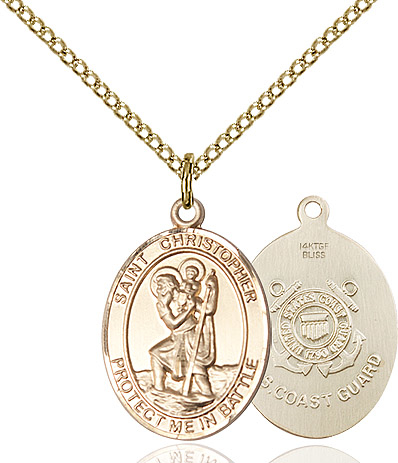 14kt Gold Filled Saint Christopher Coast Guard Pendant on a 18 inch Gold Filled Light Curb chain