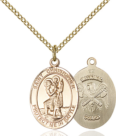 14kt Gold Filled Saint Christopher National Guard Pendant on a 18 inch Gold Filled Light Curb chain