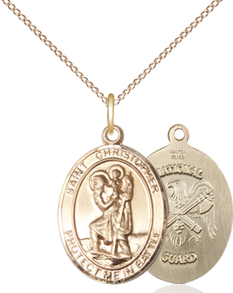 14kt Gold Filled Saint Christopher National Guard Pendant on a 18 inch Gold Filled Light Curb chain