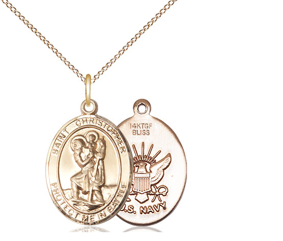 14kt Gold Filled Saint Christopher Navy Pendant on a 18 inch Gold Filled Light Curb chain