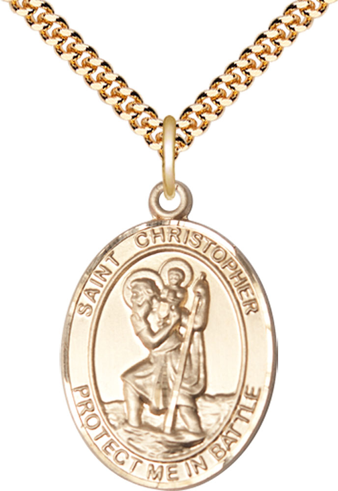 14kt Gold Filled Saint Christopher Pendant on a 24 inch Gold Plate Heavy Curb chain