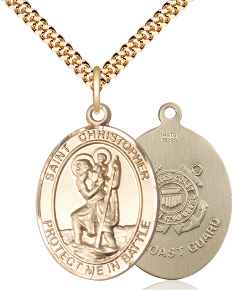 14kt Gold Filled Saint Christopher Coast Guard Pendant on a 24 inch Gold Plate Heavy Curb chain