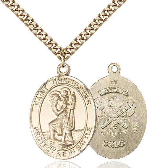 14kt Gold Filled Saint Christopher National Guard Pendant on a 24 inch Gold Plate Heavy Curb chain
