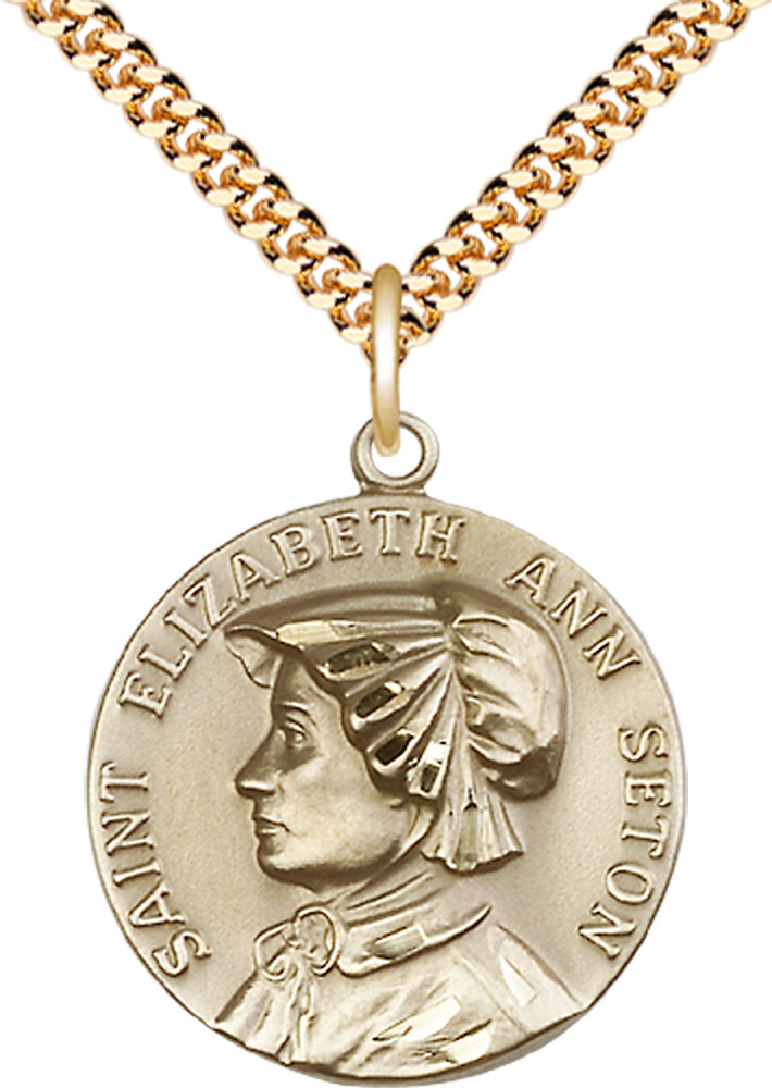 14kt Gold Filled Saint Elizabeth Ann Seton Pendant on a 24 inch Gold Plate Heavy Curb chain