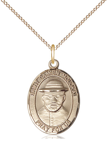14kt Gold Filled Saint Damien of Molokai Pendant on a 18 inch Gold Filled Light Curb chain