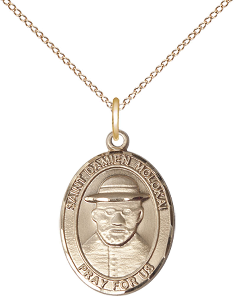 14kt Gold Filled Saint Damien of Molokai Pendant on a 18 inch Gold Filled Light Curb chain