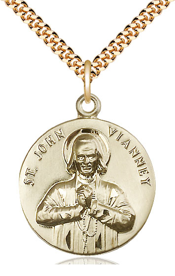 14kt Gold Filled Saint John Vianney Pendant on a 24 inch Gold Plate Heavy Curb chain