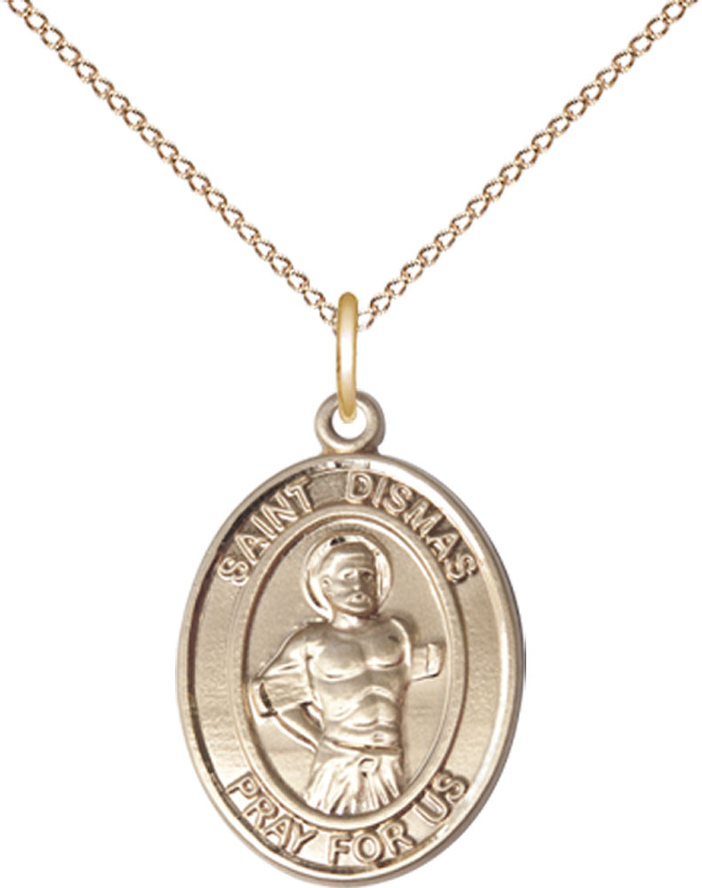 14kt Gold Filled Saint Dismas Pendant on a 18 inch Gold Filled Light Curb chain