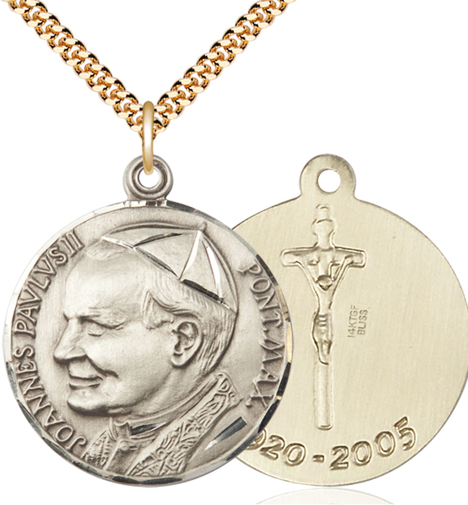 14kt Gold Filled Saint John Paul II Pendant on a 24 inch Gold Plate Heavy Curb chain